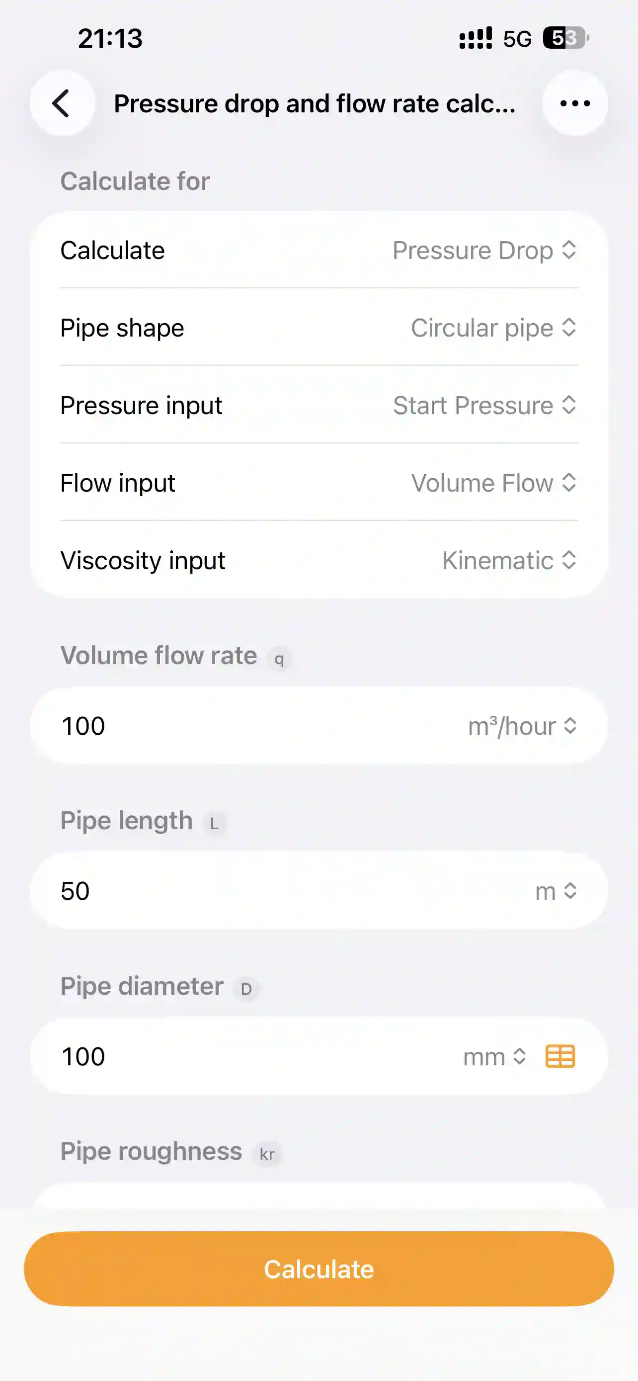 PipeQ pressure loss calculator on iPhone.