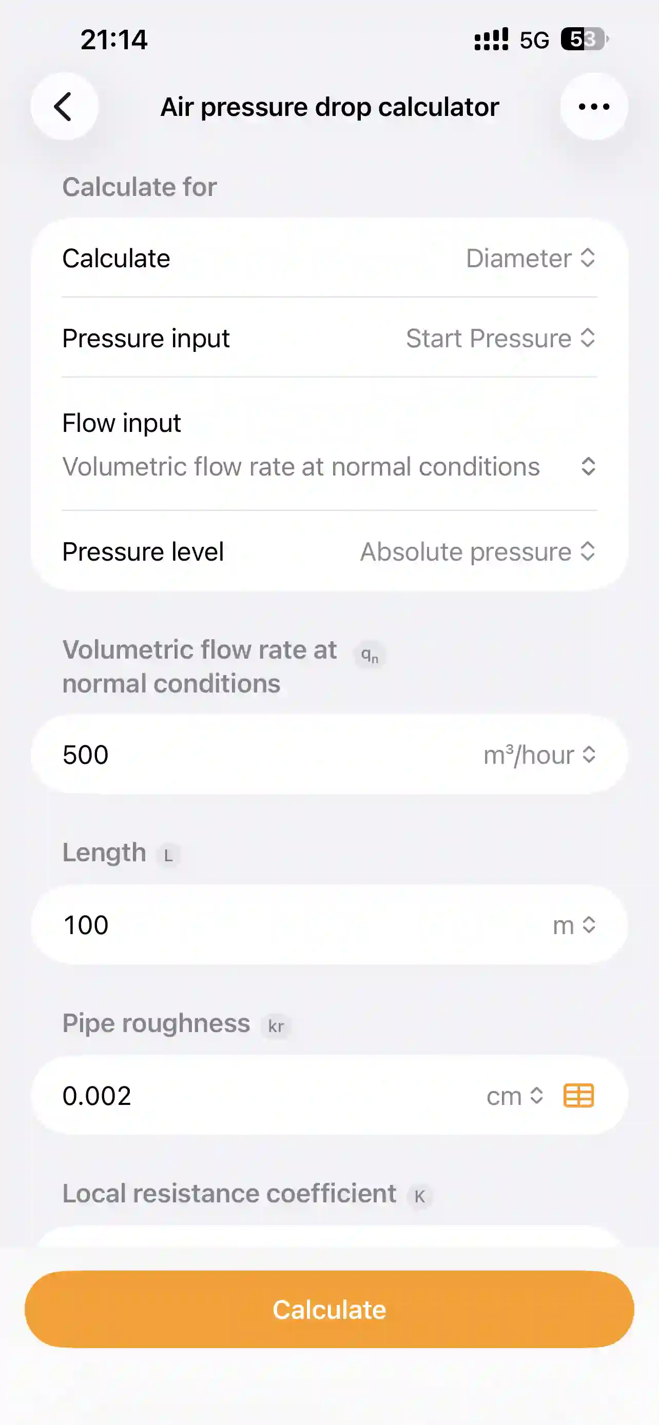 PipeQ pressure loss calculator on iPhone.