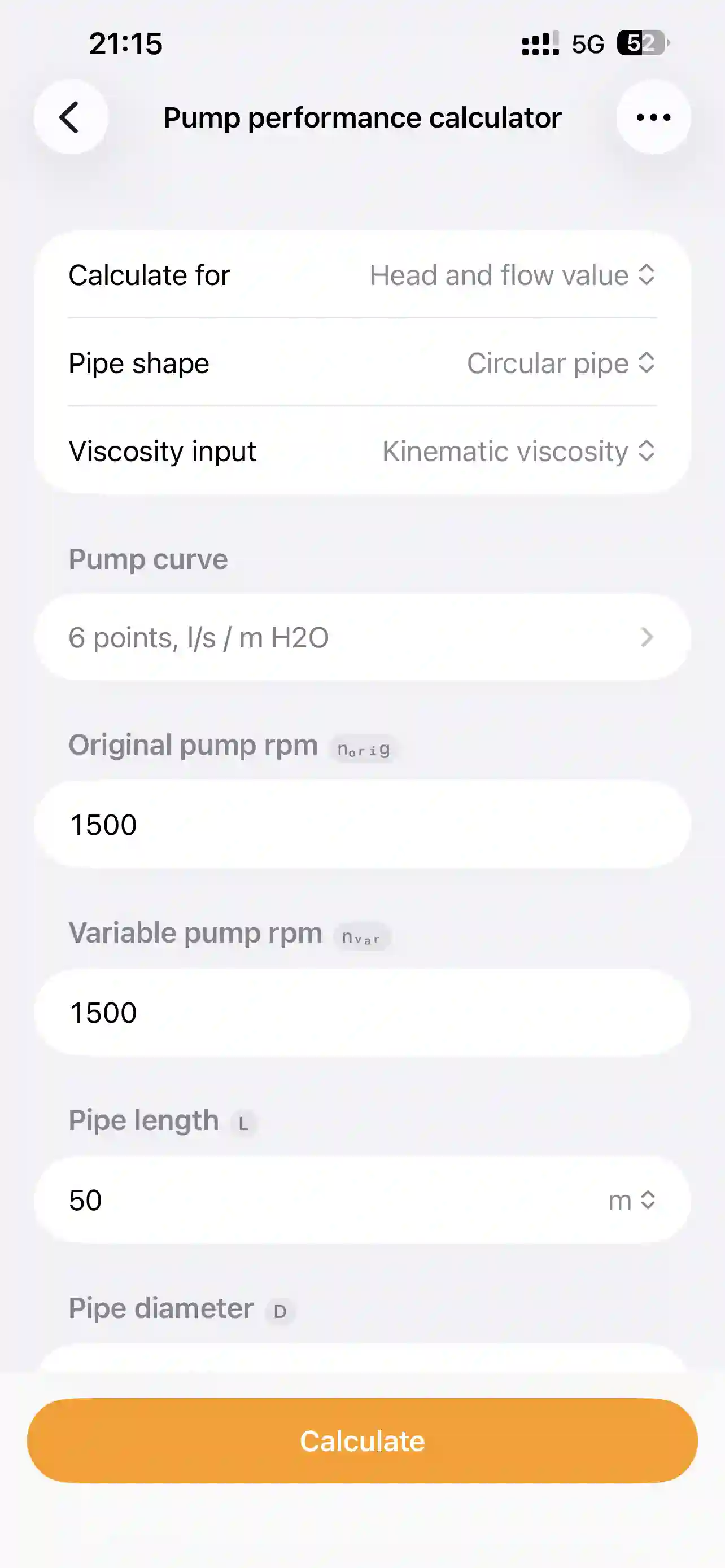 PipeQ pressure loss calculator on iPhone.