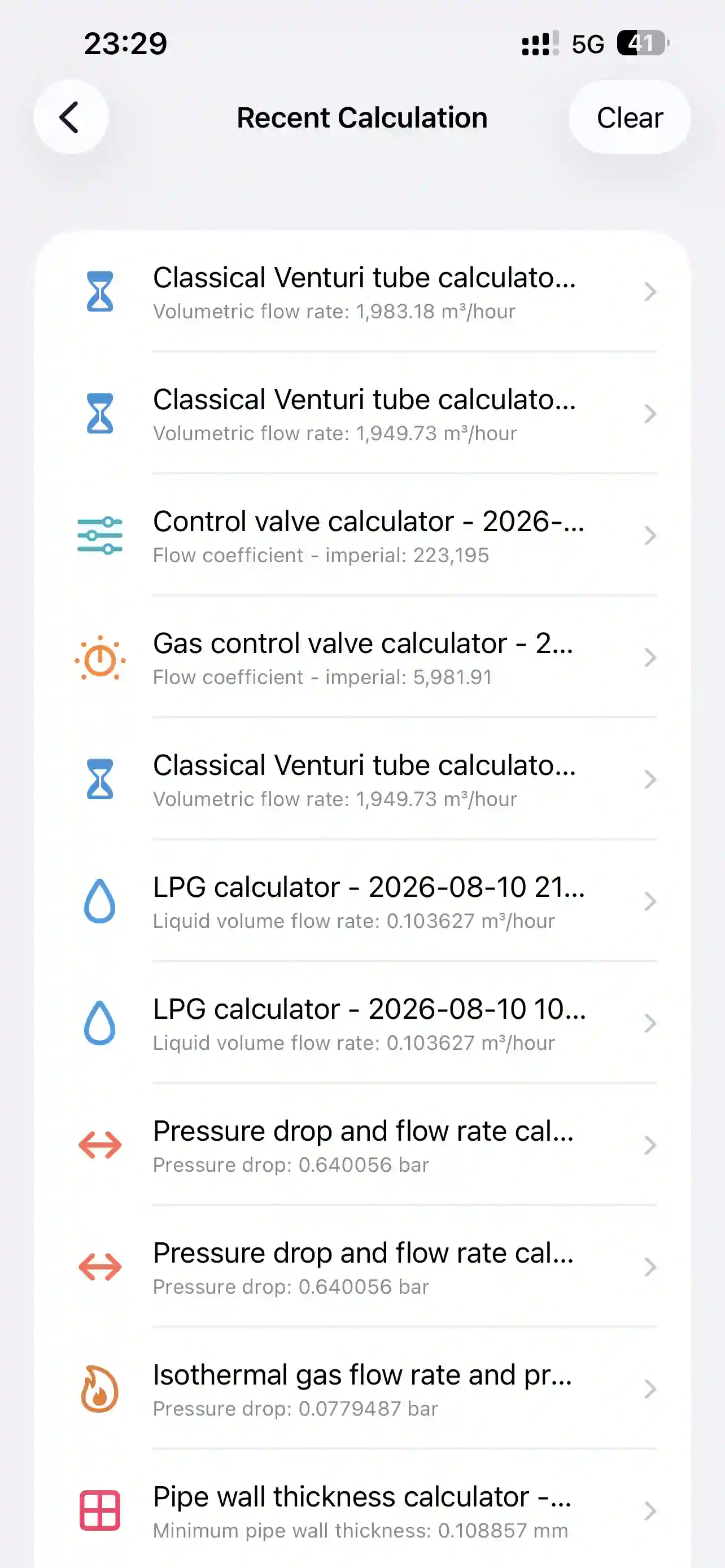 PipeQ saved calculations and exports on Android.