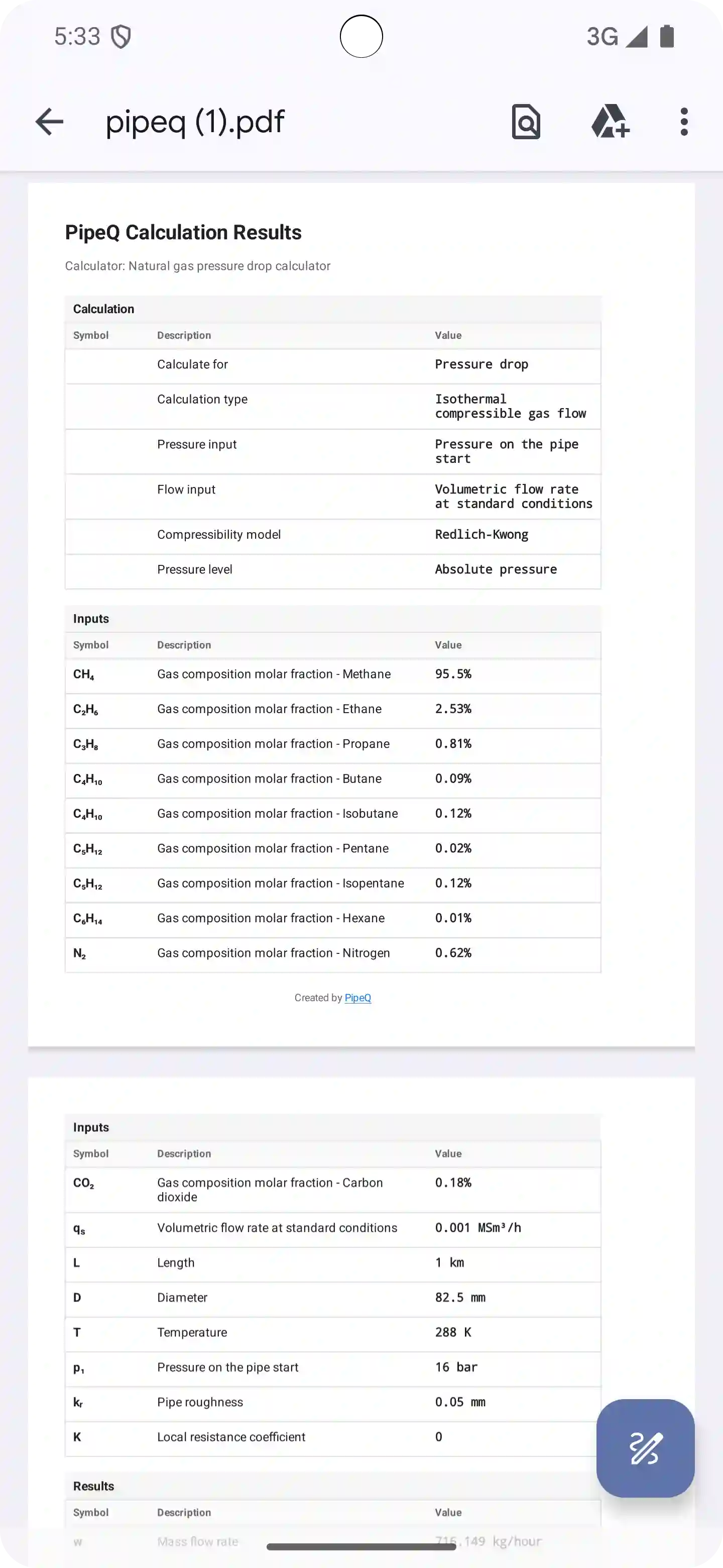 PipeQ saved calculations and exports on Android.