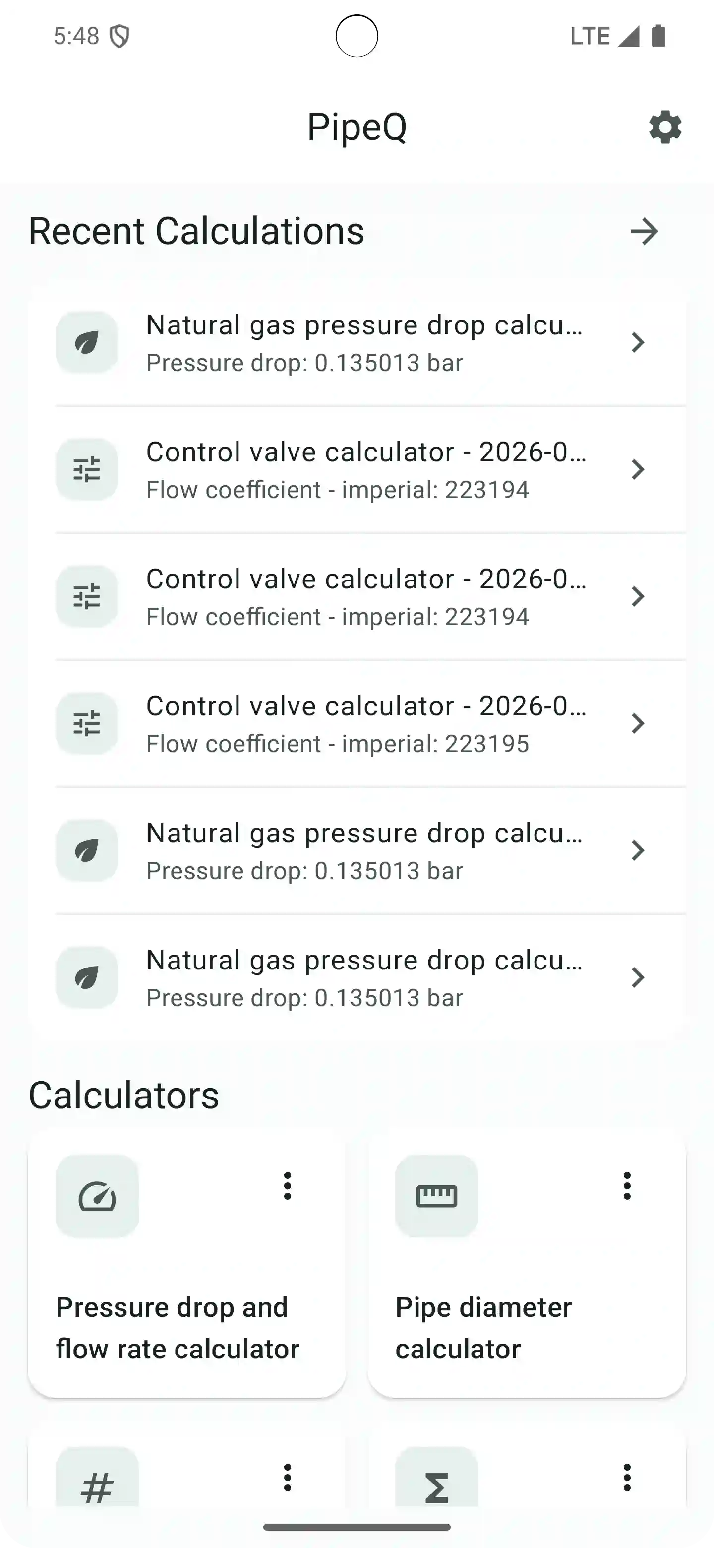 PipeQ saved calculations and exports on Android.