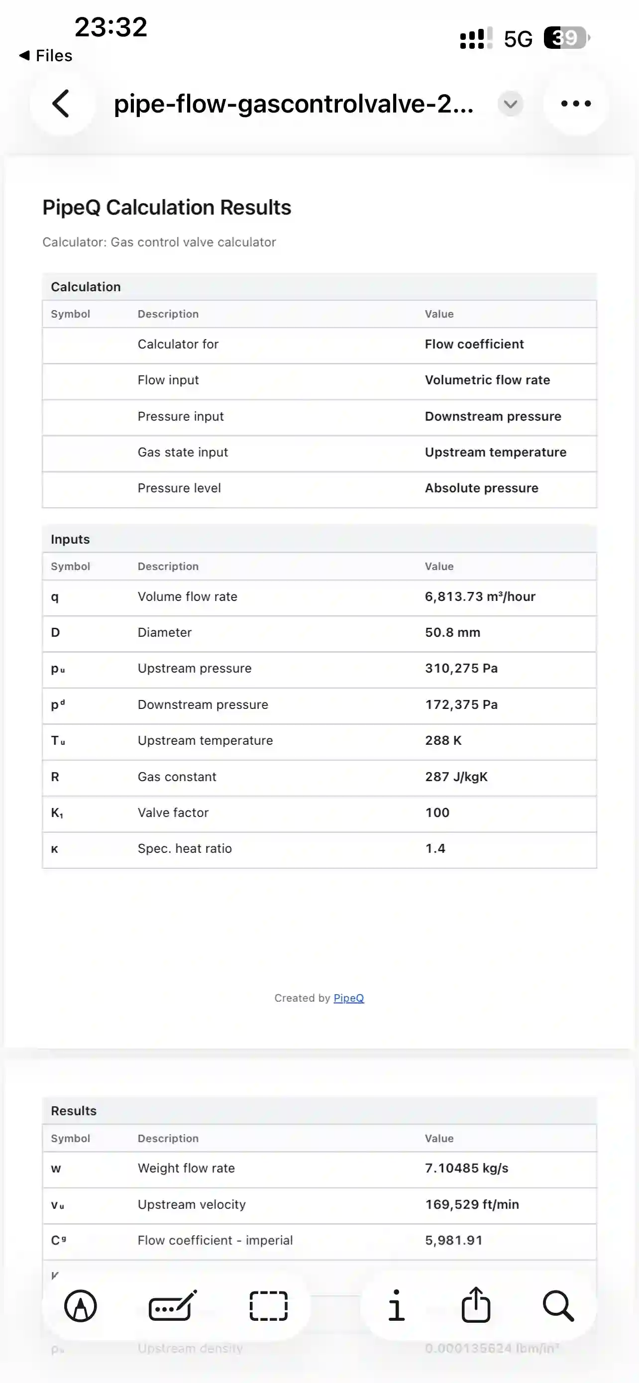 PipeQ saved calculations and exports on iPhone.