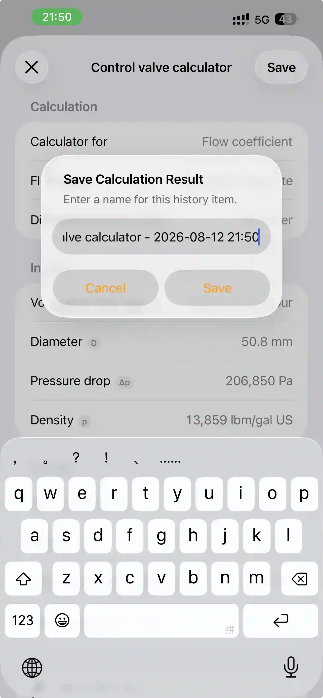 PipeQ saved calculations and exports on iPhone.