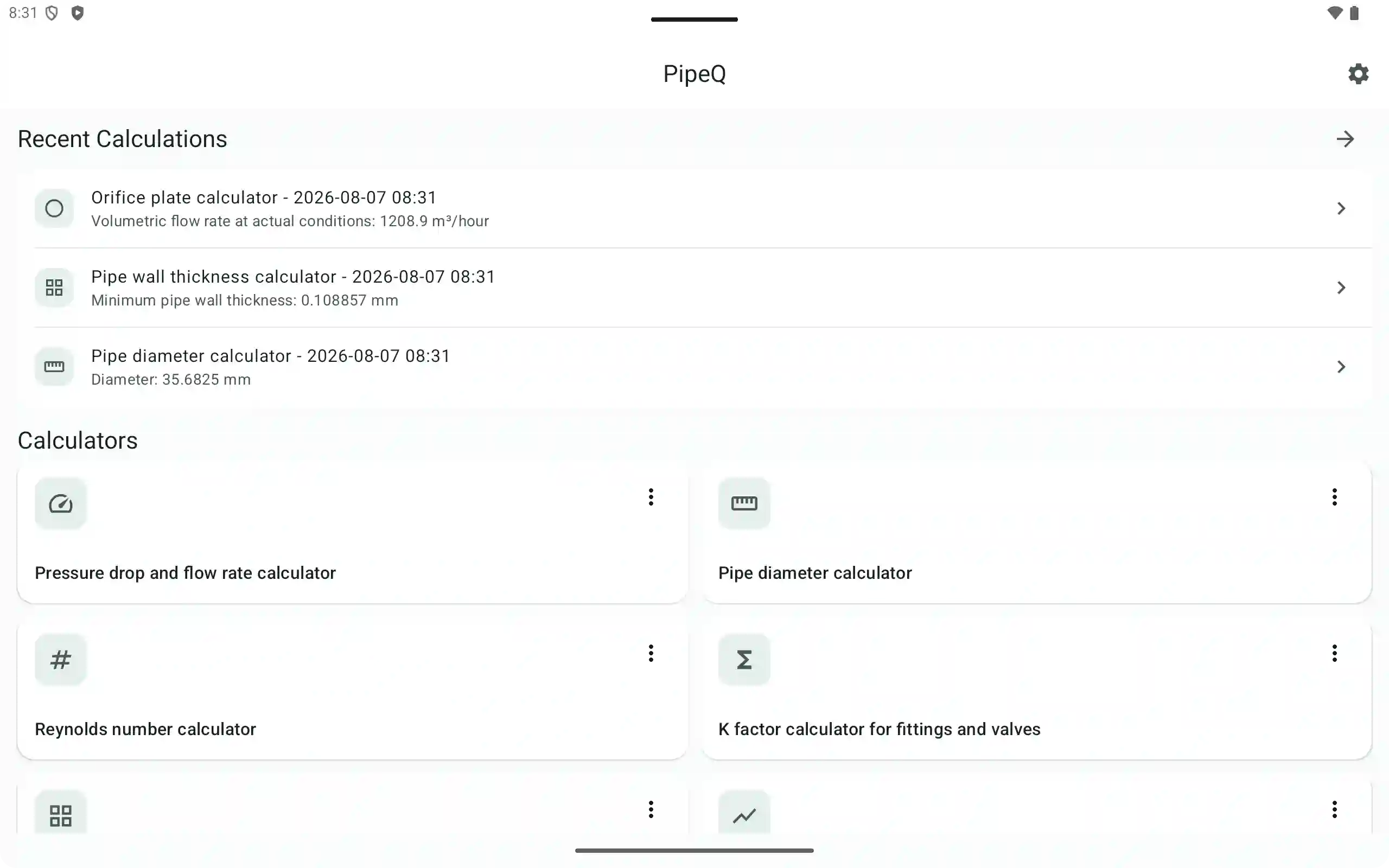 PipeQ engineering calculator interface on Android.