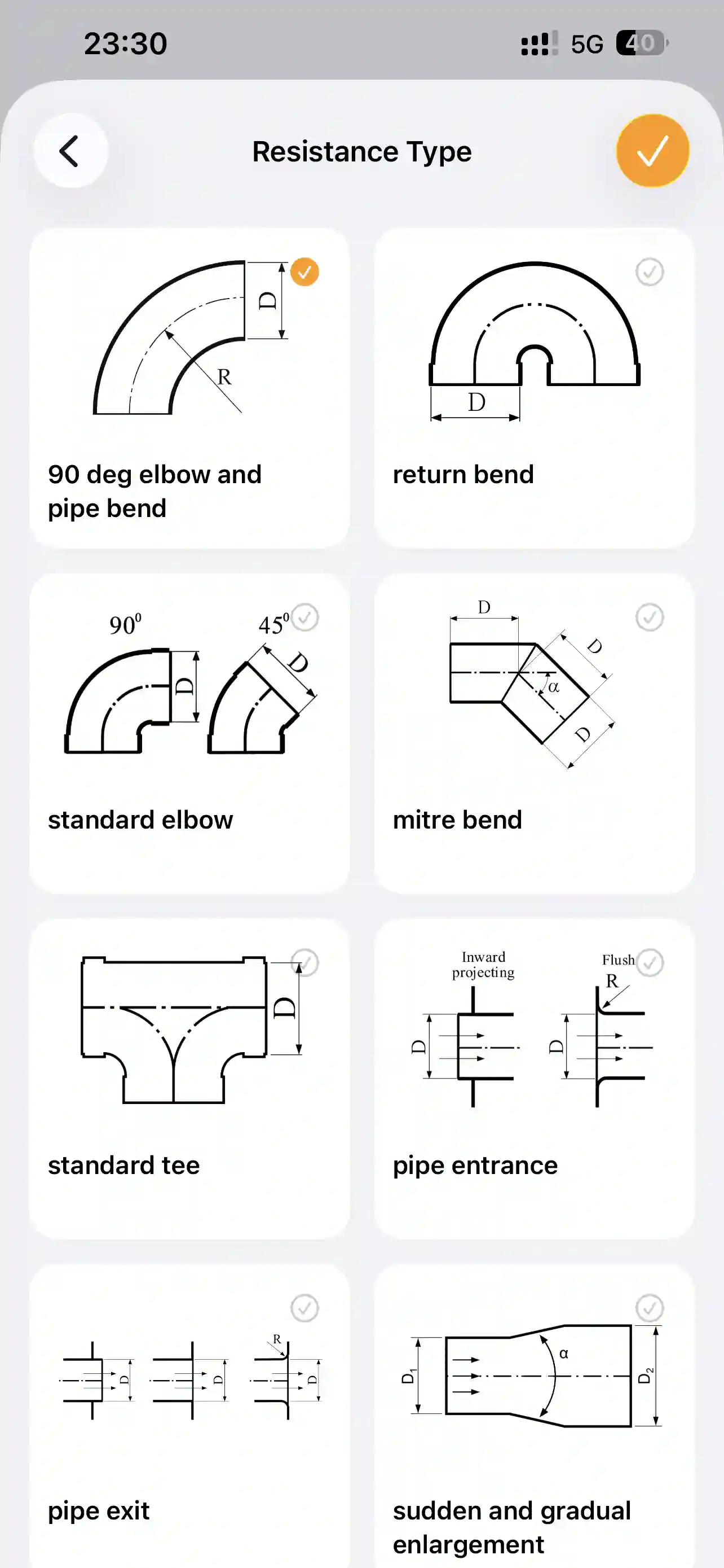 PipeQ engineering calculator interface on iPhone.
