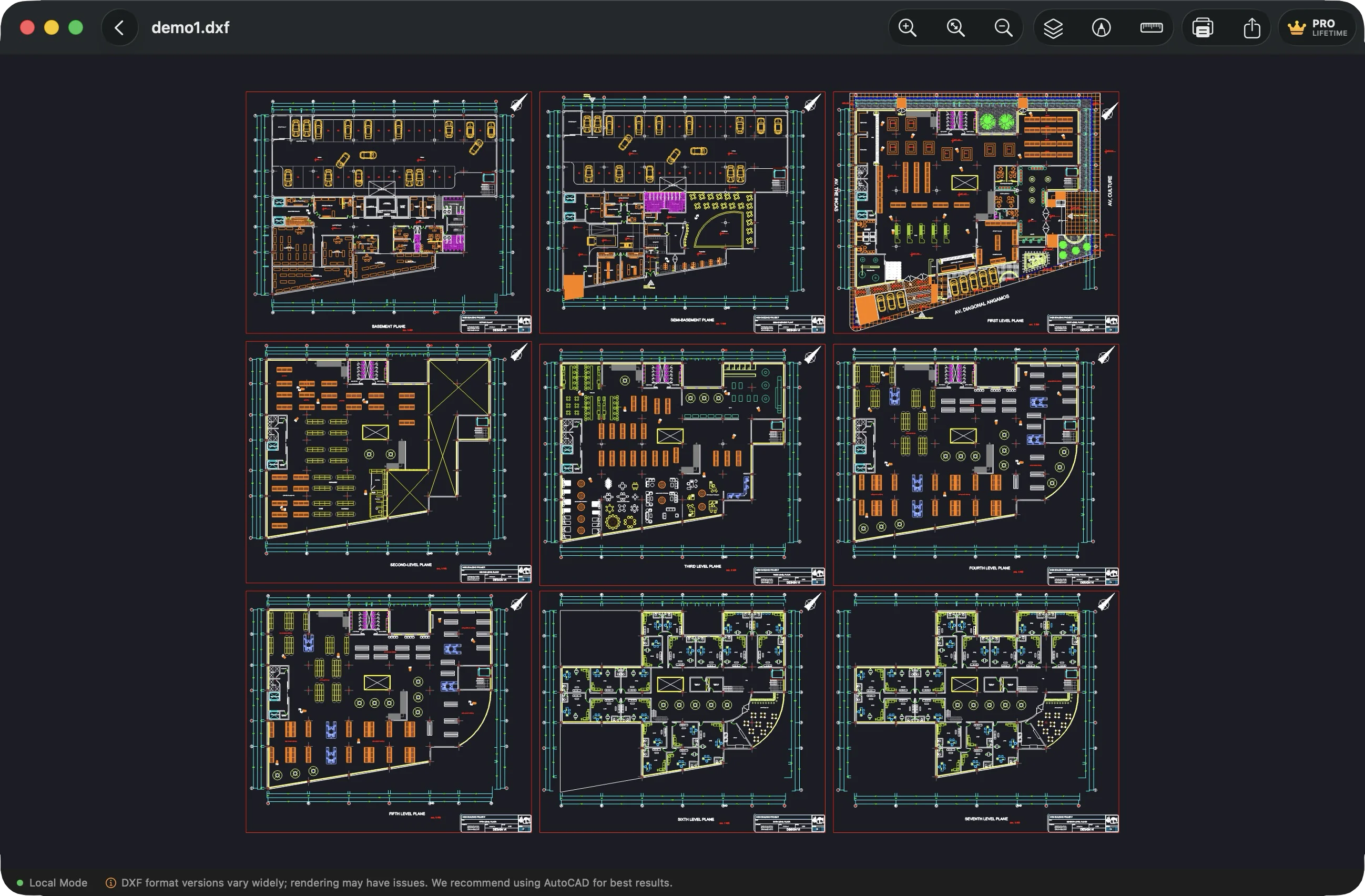 Viewra CAD file viewer interface showing DWG file rendering on macOS with Metal-powered graphics, featuring precision tools and smooth navigation